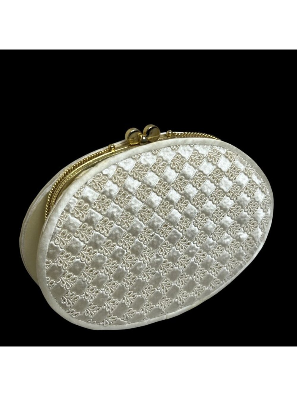 Vintage Cream Oval Evening Purse Clutch Shoulder Bag Gold Chain Kiss Lock